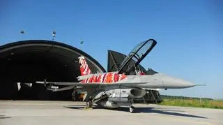 Jeden z dwóch specjalne pomalowanych F-16 przed wylotem do Norwegii