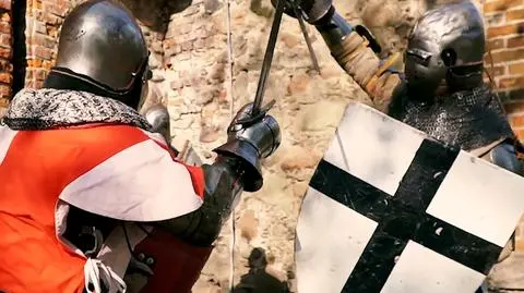 Law and Justice candidate for MEP, Karol Karski sword-fighting a Teutonic Knight in his campaign video