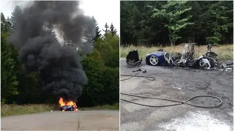 Tesla doszczętnie spłonęła na leśnym parkingu