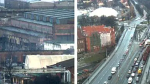 Zakorkowane miasto po wielkim pożarze hali Stoczni Gdańskiej