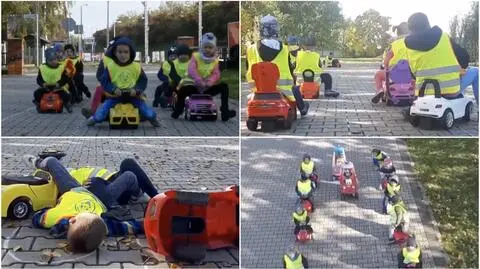 Children demonstrate with their little plastic cars how to make the "life corridor"