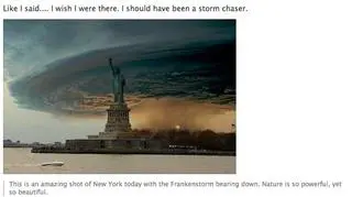Apokaliptyczne zdjęcie wielkiej chmury burzowej nadciągającej nad Manhattan to fotomontaż zdjęcia formującego się tornada z 2004 roku i zdjęcia portu w Nowym Jorku z 2006 roku
