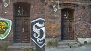 Broniona przez grafficiarzy kamienica w Załężu przed i po czyszczeniu