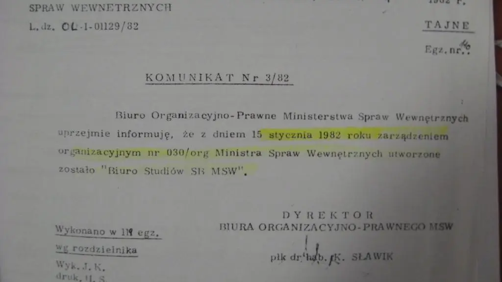 Dokument powołania Biura Studiów SB