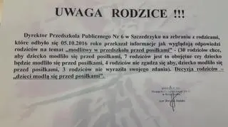 Dyrekcja ogłosiła, że dzieci będą modlić się przed posiłkami