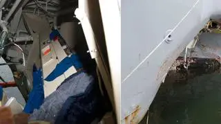 Dziura w burcie USS John S. McCain i wnętrze kubryku będącego tuż za nią