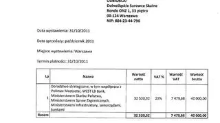 Faktura wystawiona przez firmę doradczą byłego premiera Kazimierza Marcinkiewicza na rzecz spółki DSS