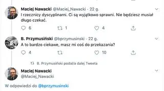 Fragment wymiany wpisów w mediach społecznościowych pomiędzy Maciejem Nawackim a Bartłomiejem Przymusińskim 