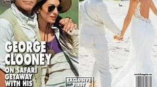 George Clooney z Amal Alamuddin na okładce "Hello!" w kwietniu 2014 roku. Na zdjęciu obok ślub jego poprzedniej dziewczyny - Stacy Keibler