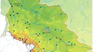 Górna i środkowa Odra - stan wód - mapa z godziny 13.45