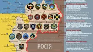 Infografika przedstawiająca listę jednostek sił rosyjskich zaangażowanych w wojnę