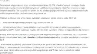 Informacja NFZ w sprawie kartki, która pojawiła się w przychodni w Opolu