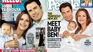 John Travolta z żoną i now onarodzonym synem, Benjaminem, na okładkach magazynów "People" i "Hello!" w ub