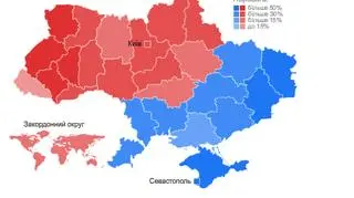 Kolor czerwony – okręgi, w których zwyciężyła Tymoszenko. Kolor niebieski – okręgi, w których zwyciężył Janukowycz (pravda.com.ua)
