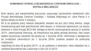 Komunikat Beskidzkiego Centrum Onkologii