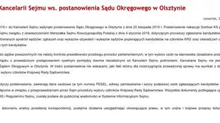 Komunikat Kancelarii Sejmu w sprawie postanowienia Sądu Okręgowego w Olsztynie