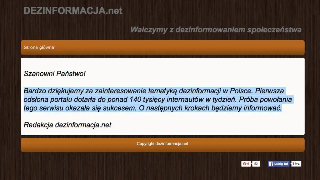 Komunikat na stronie dezinformacja.net
