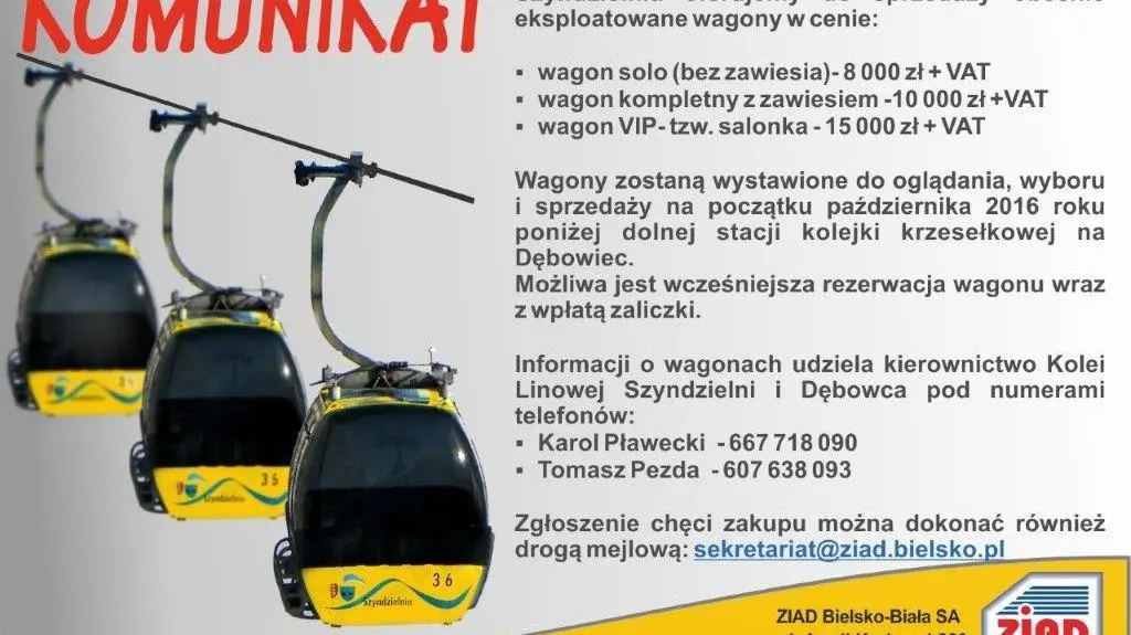 Komunikat o sprzedaży gondoli
