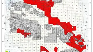 Koncesje w Polsce na poszukiwania gazu: kolor czerwony - "shale gas", szary - tradycyjne złoża (źródło: Ministerstwo Środowiska)