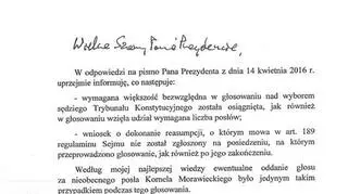 List marszałka Sejmu do prezydenta z 15 kwietnia