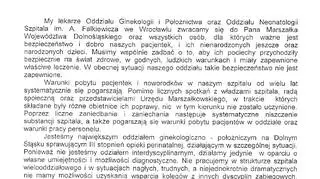 List otwarty lekarzy z oddziału ginekologiczno-położniczego w szpitalu im. A. Falkiewicza we Wrocławiu