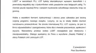 List przewodniczącego związku zawodowego do prezesa LOT-u