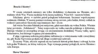 List Stoczni Gdańsk do Ukraińców protestujących na kijowskim Majdanie