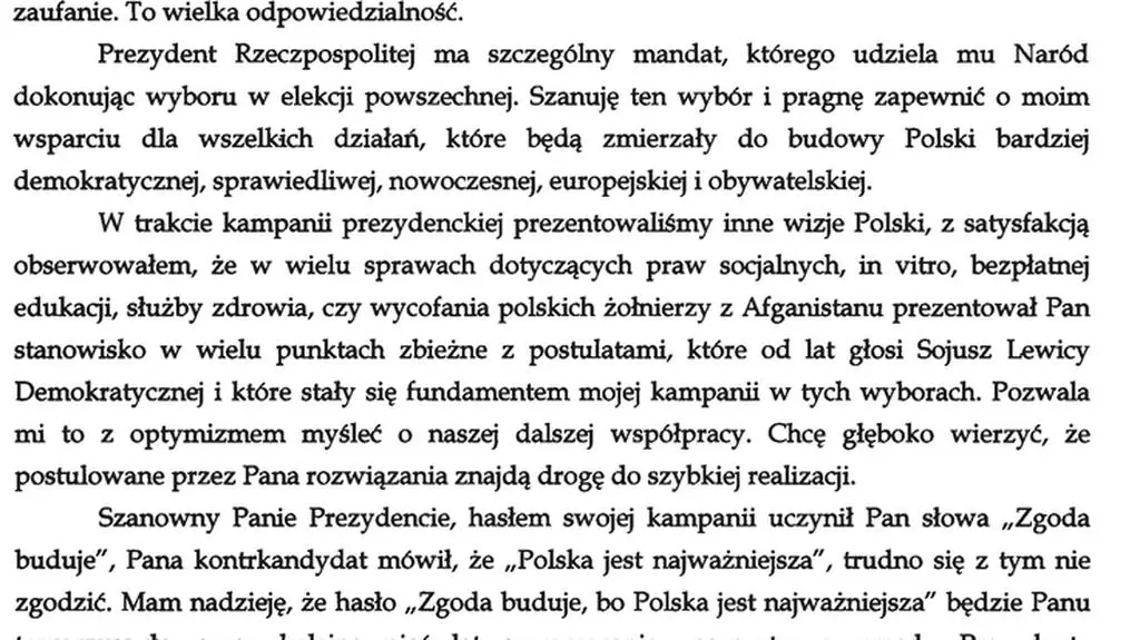 List szefa SLD do prezydenta-elekta