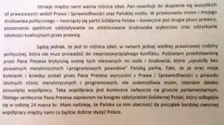 List wystosowany do Jarosława Kaczyńskiego przez Zbigniewa Ziobrę (Solidarna Polska/twitter
