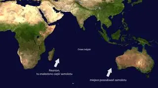 Lokalizacja wyspy Reunion i ostatniego obszaru poszukiwań wraku lotu MH370