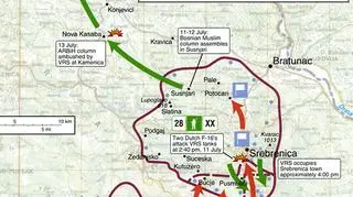 Mapa akcji Krivaja i Stupcavica przeprowadzonych przez armię serbską, w czasie której doszło do masakry w Srebrenicy