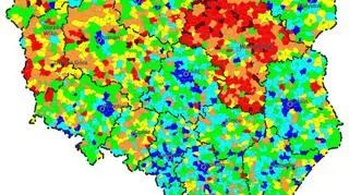 Mapa nieważnych głosów w wyniku postawienia więcej niż jednego krzyżyka (materiały udostępnione przez prof. Śleszyńskiego)