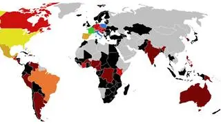 Mapa papieskich pielgrzymek. Kolory pokazują, jak wiele wizyt złożył w danym kraju 