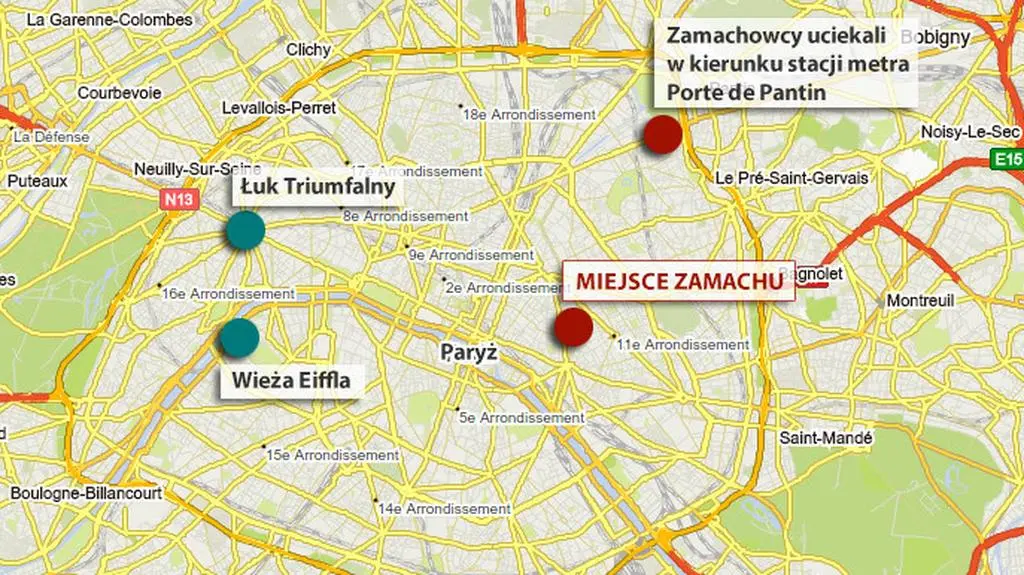 Mapa Paryża pokazująca miejsce zamachu