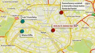 Mapa Paryża pokazująca miejsce zamachu