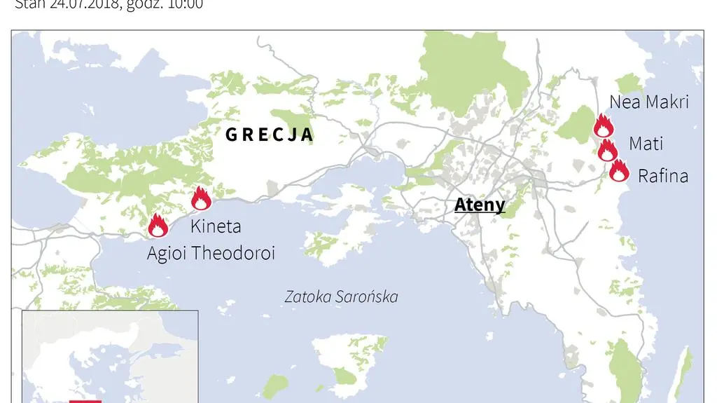 Mapa pożarów w Grecji