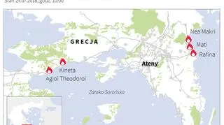 Mapa pożarów w Grecji