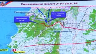 Mapa prezentowana przez Rosjan. Słabo widoczna fioletowa linia to granica. Czerwona linia to tor lotu Su-24. Niebieska F-16