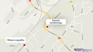 Mapa przedstawiająca miejsce wypadku i lokalizację kamery monitoringu