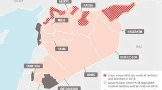 Mapa, przedstawiająca obecność Lekarzy bez Granic w Syrii w 2018 roku 