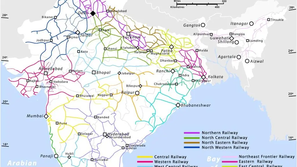 Mapa sieci kolejowej w Indiach