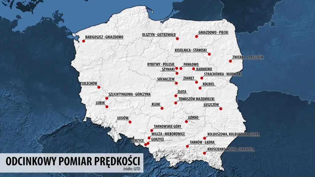 Mapa systemu odcinkowego pomiaru prędkości