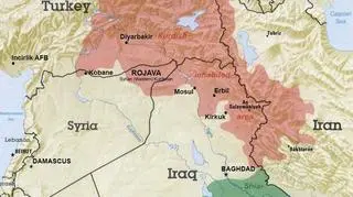 Mapa terytorium zamieszkałych przez Kurdów według danych CIA z 2002 roku