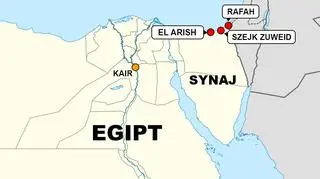 Miejsca, w których dżihadyści zaatakowali siły egipskie na Półwyspie Synaj