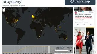 Na żółto zaznaczono miejsca, gdzie pojawiły się tweety dotyczące Royal Baby