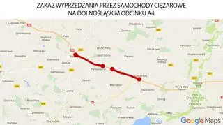 Nowe odcinki A4 na których wprowadzony został zakaz wyprzedzania dla ciężarówek