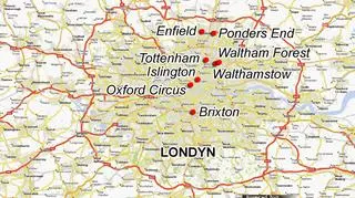 Objęte zamieszkami i zagrożone dzielnice Londynu (targeo.pl)