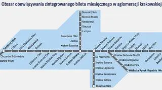 Obszar obowiązywania biletu zintegorwanego w aglomeracji krakowskiej