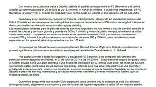Oficjalne zaproszenie, które  klub wystosował do FC Barcelony