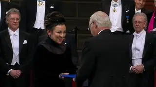 Olga Tokarczuk being awarded the Nobel Prize in Literature by the King of Sweden Carl XVI Gustaf